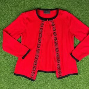 Vintage Sag Harbor Red Black Beads Nordic Embellished Knit Cardigan Sz L